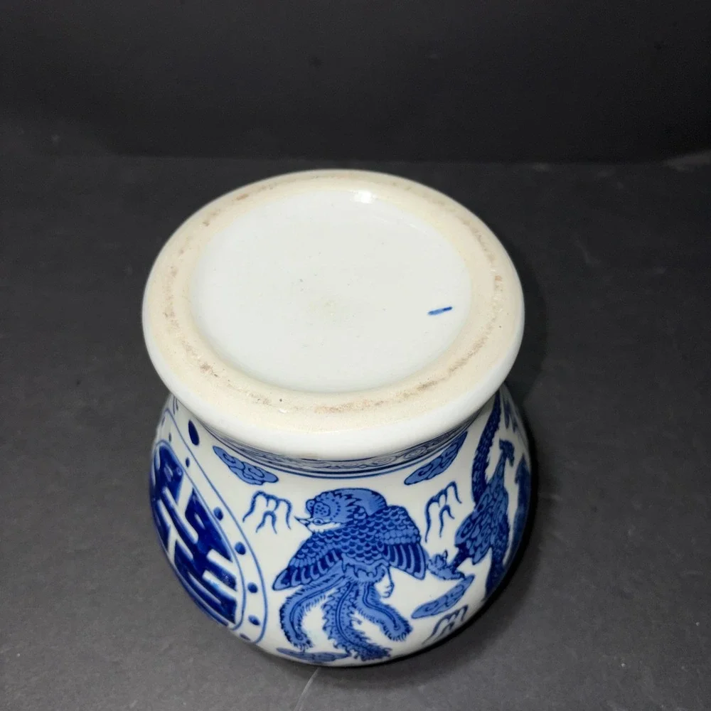 Chinese Blue White Porcelain Ginger Jar Vase Dbl Happiness Dragon Phoenix 7